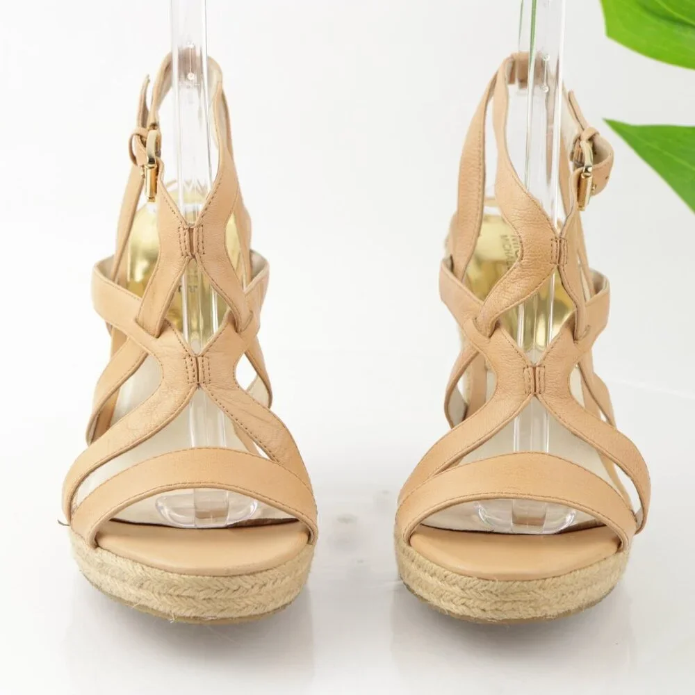 Michael Kors Womens Palm Beach Sandal Size 9.5 Tan Nude Patent Wedge‎ Espadrille